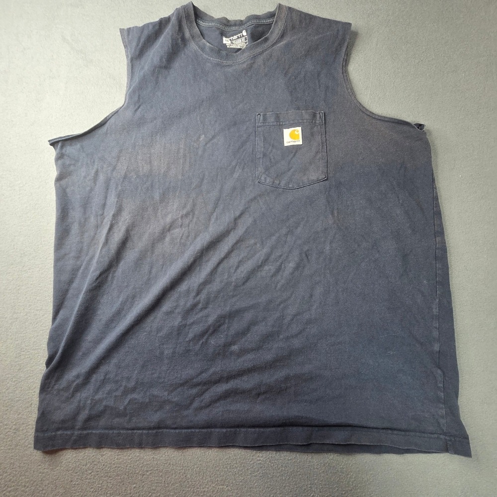 Carhartt Mens 2XL Relaxed Fit Sleeveless Pocket T-Shirt Navy Blue Cut Off Tank